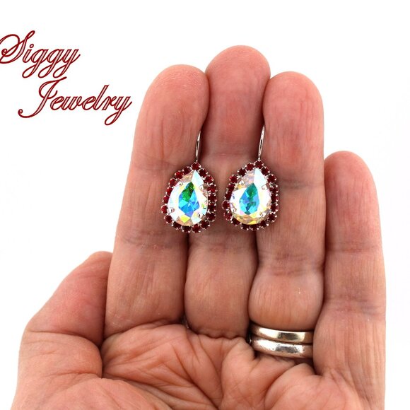 Crystal AB Pear Teardrop Earrings with Siam Red Halo and Rhodium Finish - Picture 6 of 6